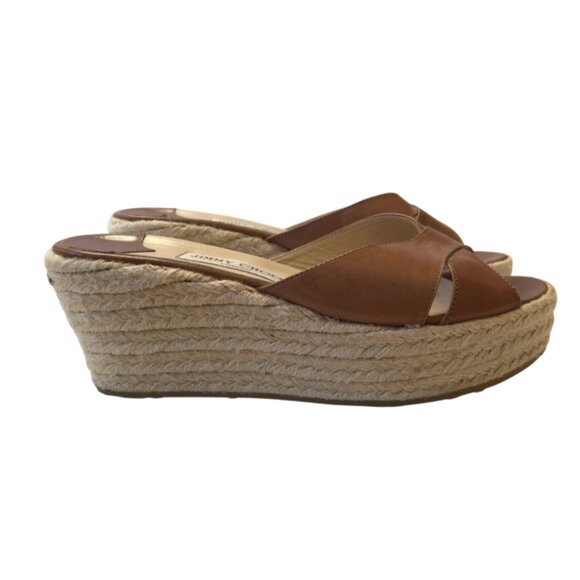 Jimmy Choo Dovina Wedge Sandals Womens 39 Brown Leather Open Toe Criss Cross - Picture 4 of 13